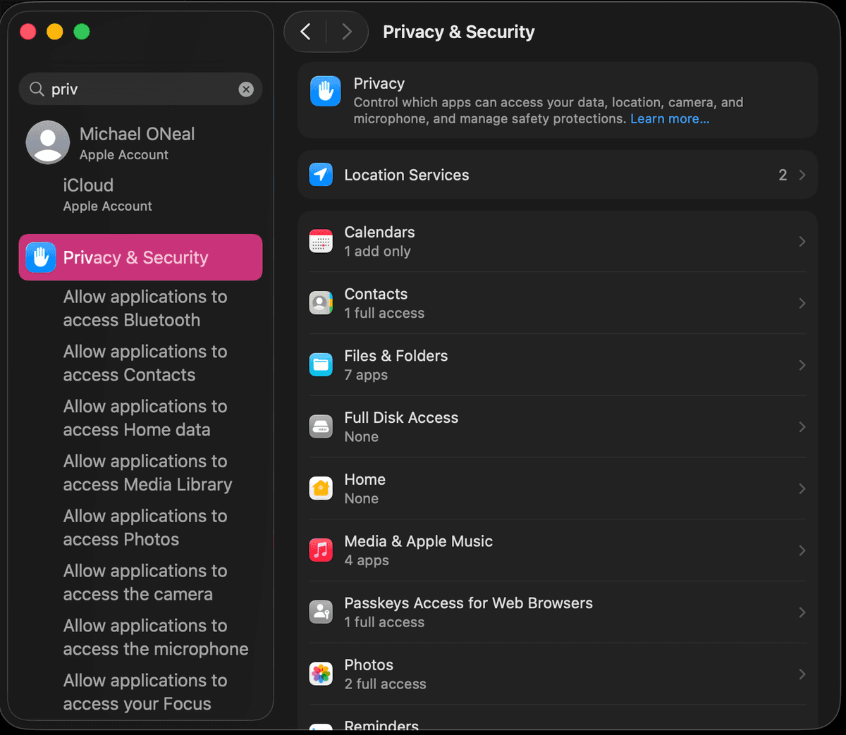 Privacy & Security in System Settings