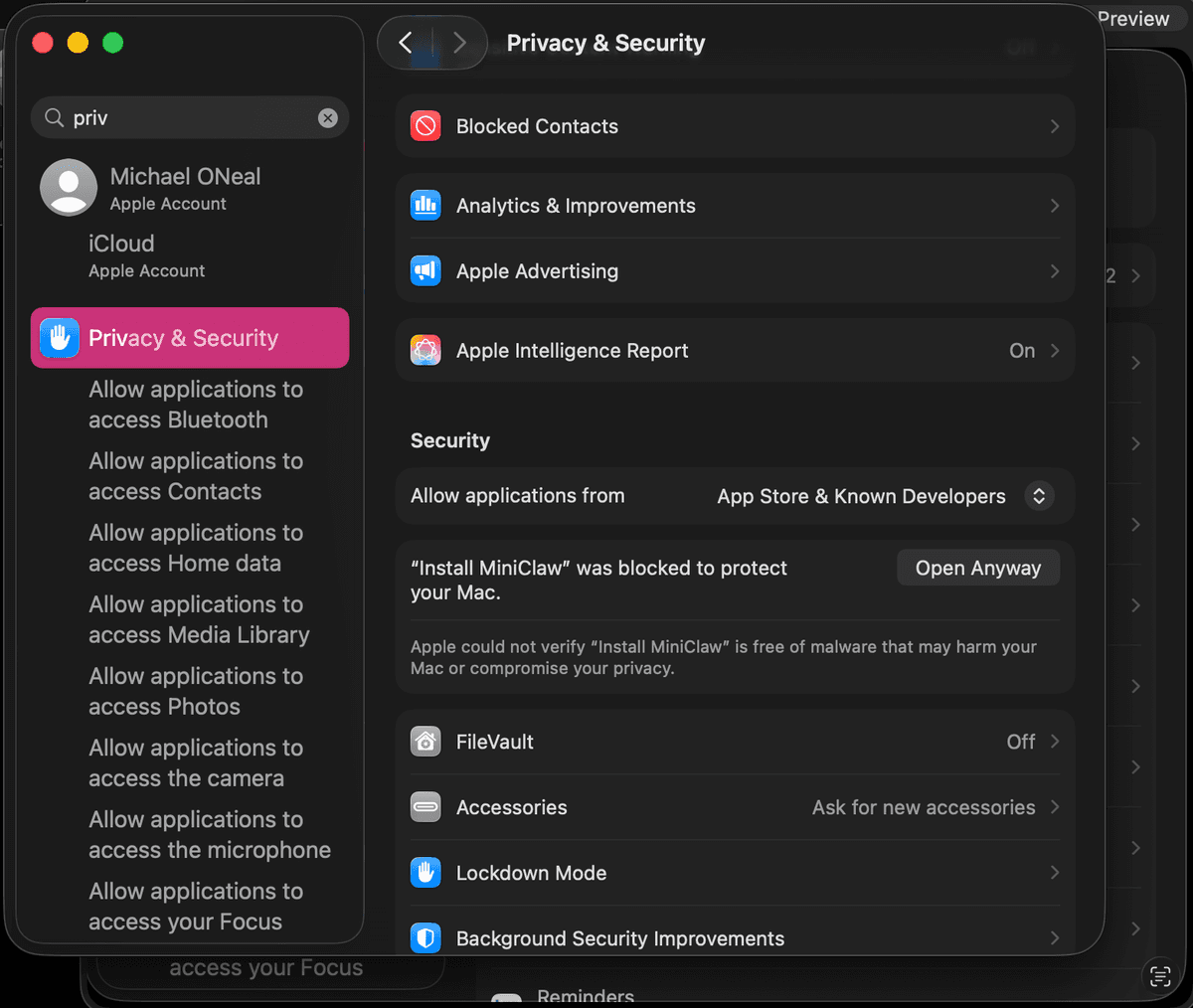 Scroll down to Security section