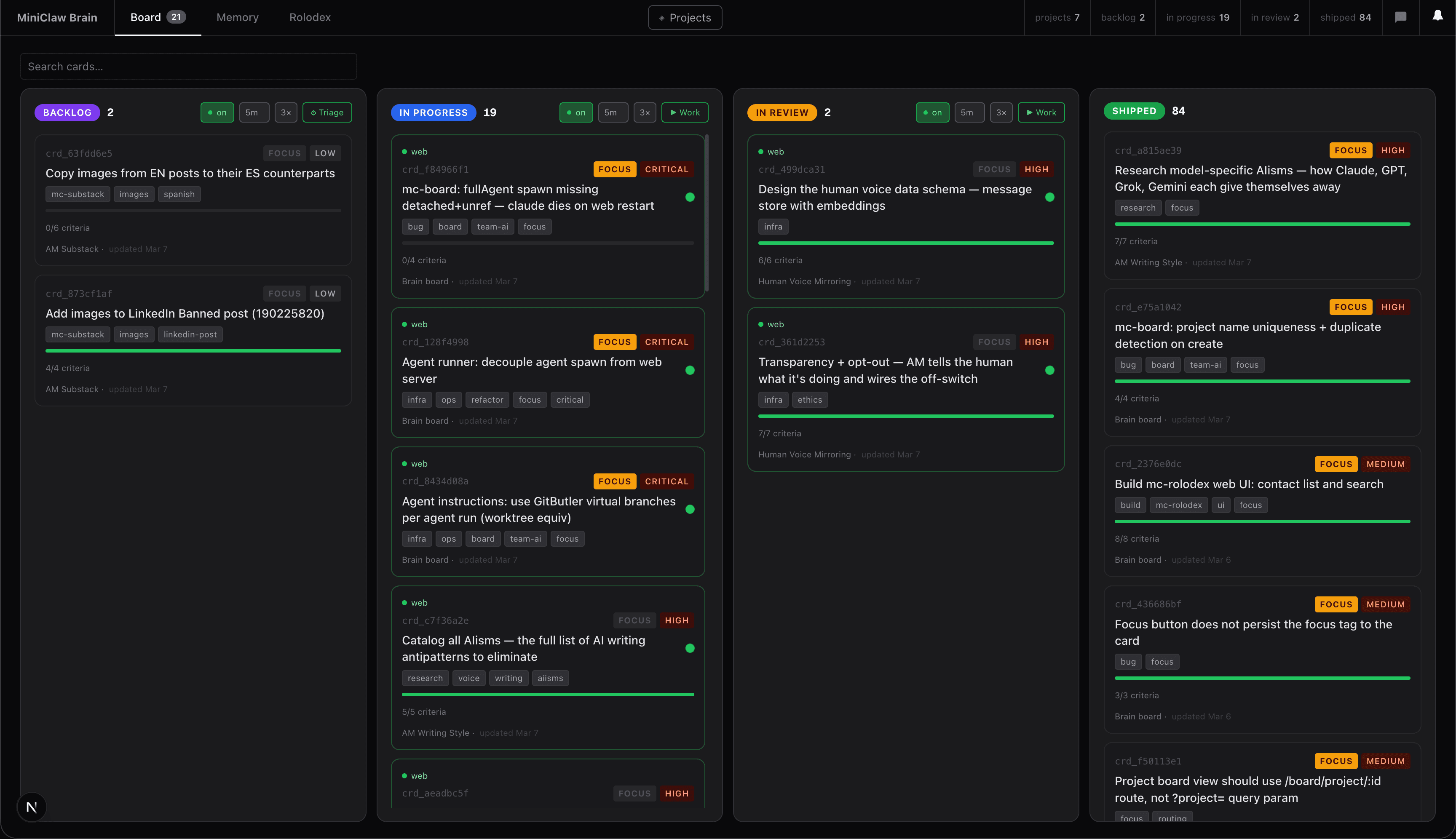 MiniClaw Brain Board — kanban with Backlog, In Progress, In Review, and Shipped columns